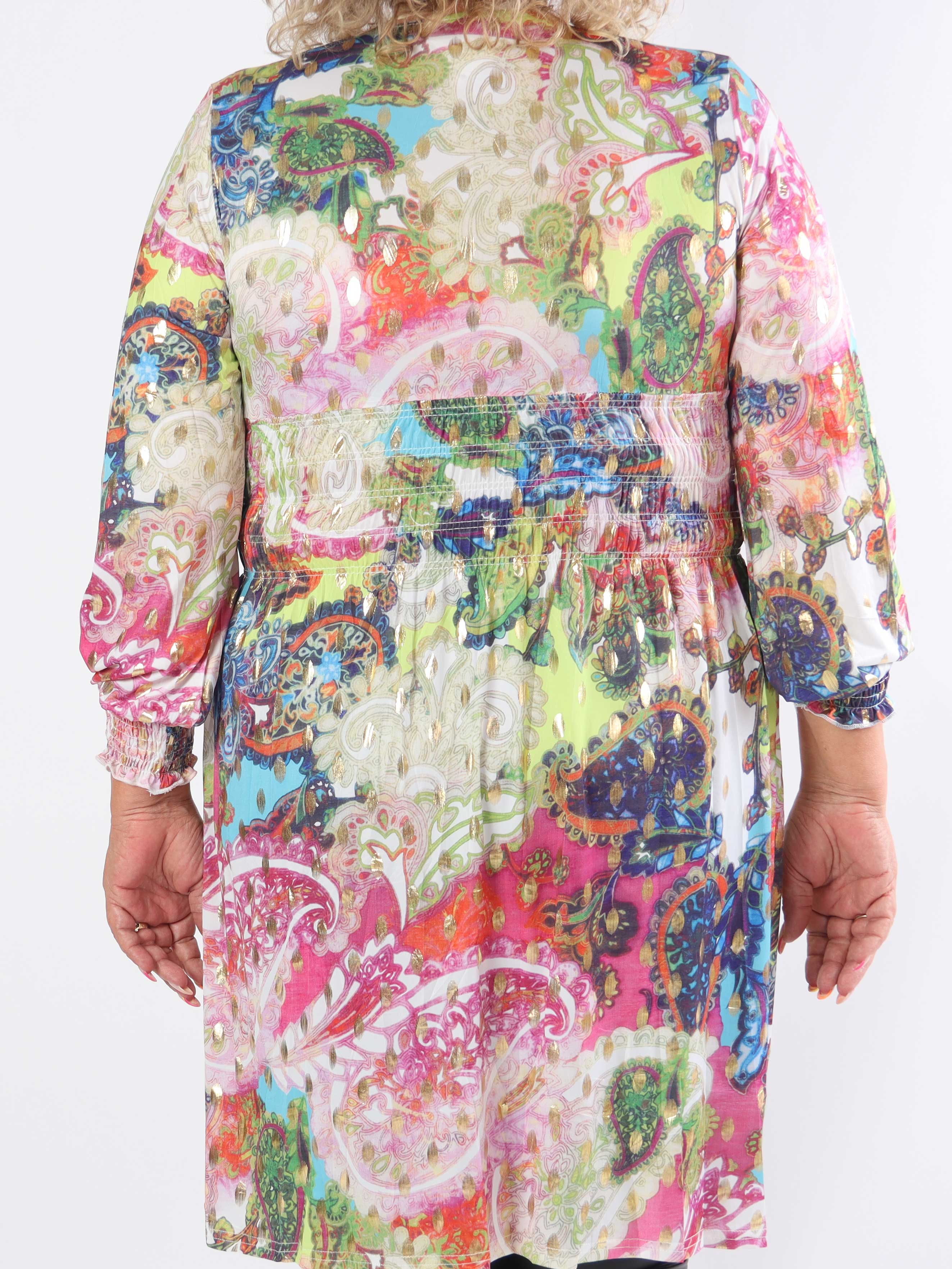 Pams Elements Short L/S - Elastisk mønstret plus size kjole i krølfrit stof